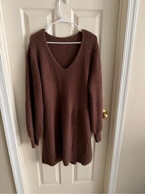 Cupshe Chocolate Brown V‑Neck Chunky Knit Mini Dress